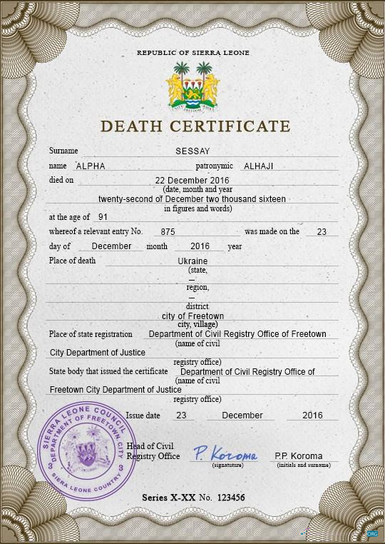 Download Sierra Leone vital record death certificate PSD template Photoshop template